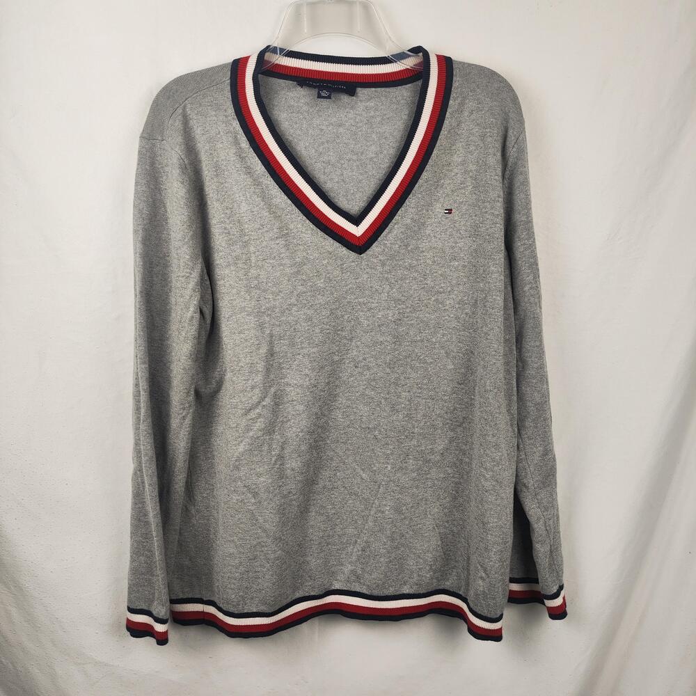 Tommy Hilfiger Sweater Mens XL Gray V Neck Stripe Trim Pullover Knit Preppy